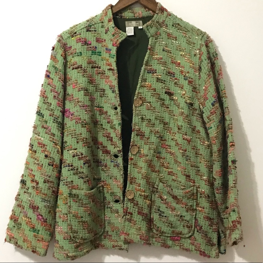 The Territory Ahead Green Multicolor Tweed Silk Grandmacore Blazer Button Up L